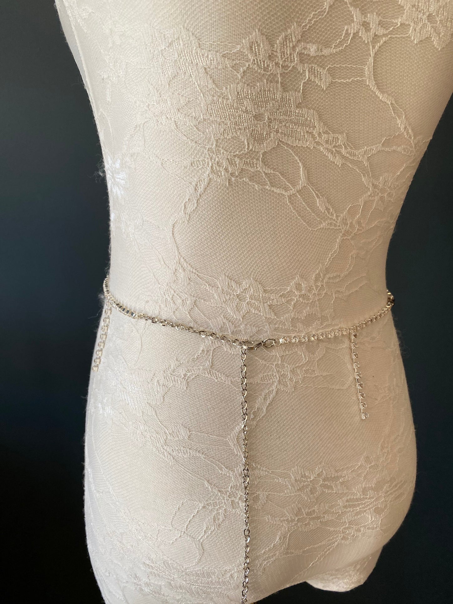 Rhinestone belt, Silver diamanté buckle, Bridal, Prom, swimwear, fringe belt