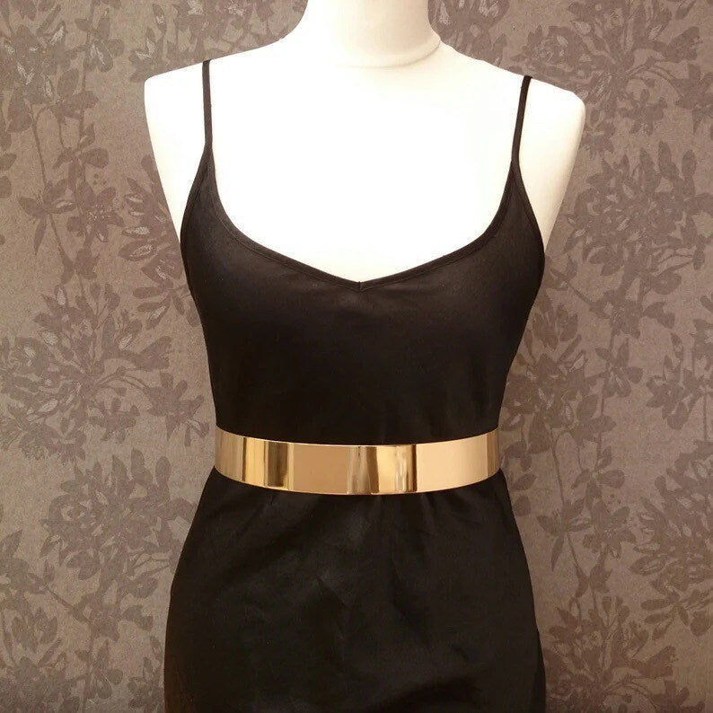 Metal Waist Belt Mirror Wide Gold, Full Plate Waistband, Chains UK Size 6- 16, High Shine Belt, 3.5cm Wide Belt