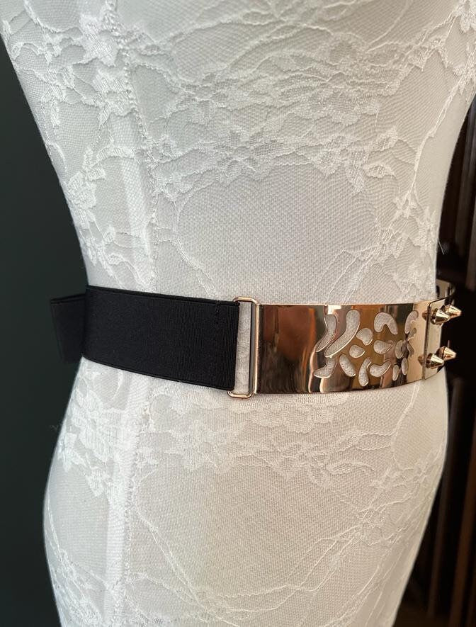 Gold Metal Cutout Belt, Elegant Elastic Fashion Accessory (UK 8-16)