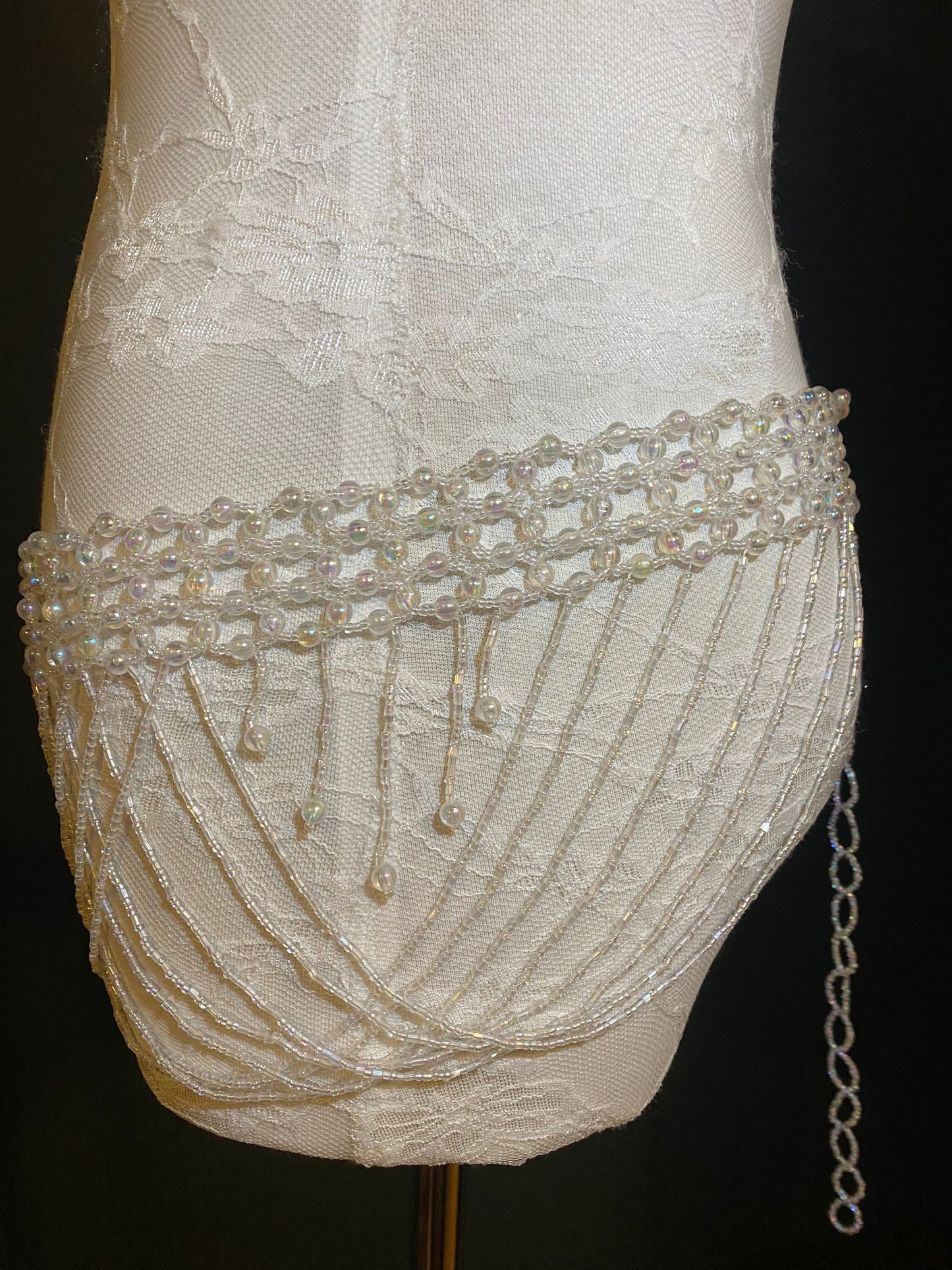 Beaded Belt, 6” Wide Fringe Bead Belt, Iridescent Bead Belt, Belly Dance, Costume, Fashion Belt, FAN Design, UK Size 8-16
