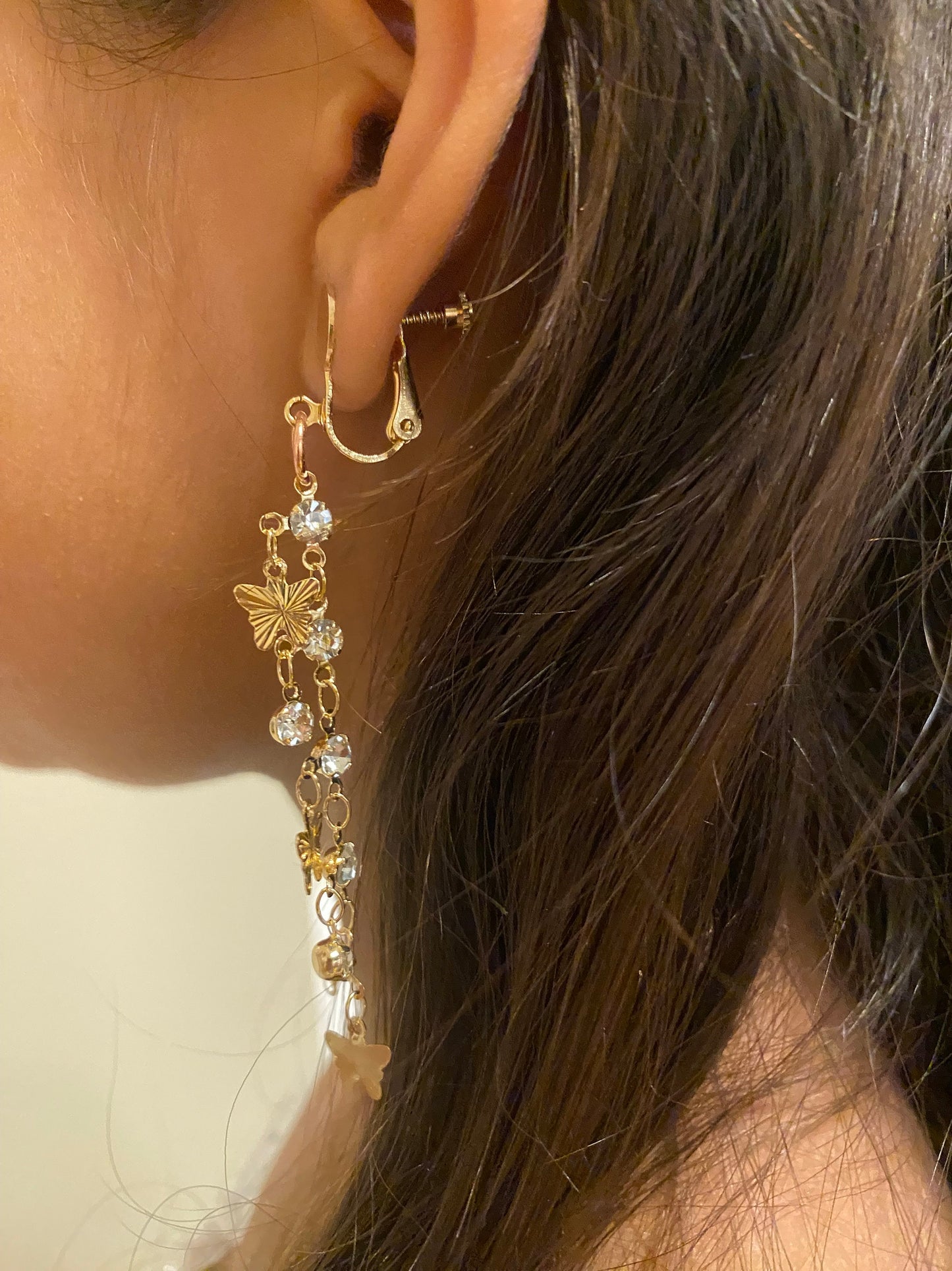 Butterfly Rhinestone Clip-on Earrings, Silver or Gold, 7cm Drop