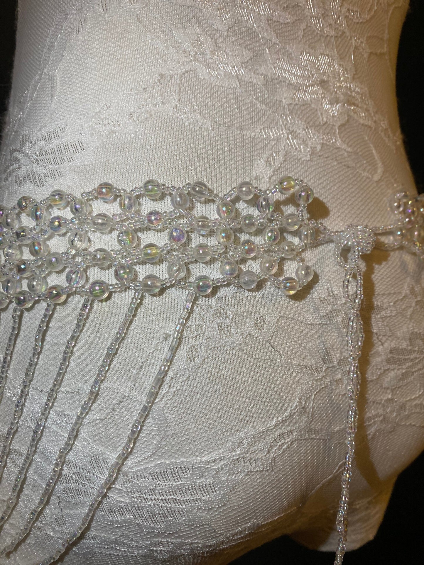 Beaded Belt, 6” Wide Fringe Bead Belt, Iridescent Bead Belt, Belly Dance, Costume, Fashion Belt, FAN Design, UK Size 8-16
