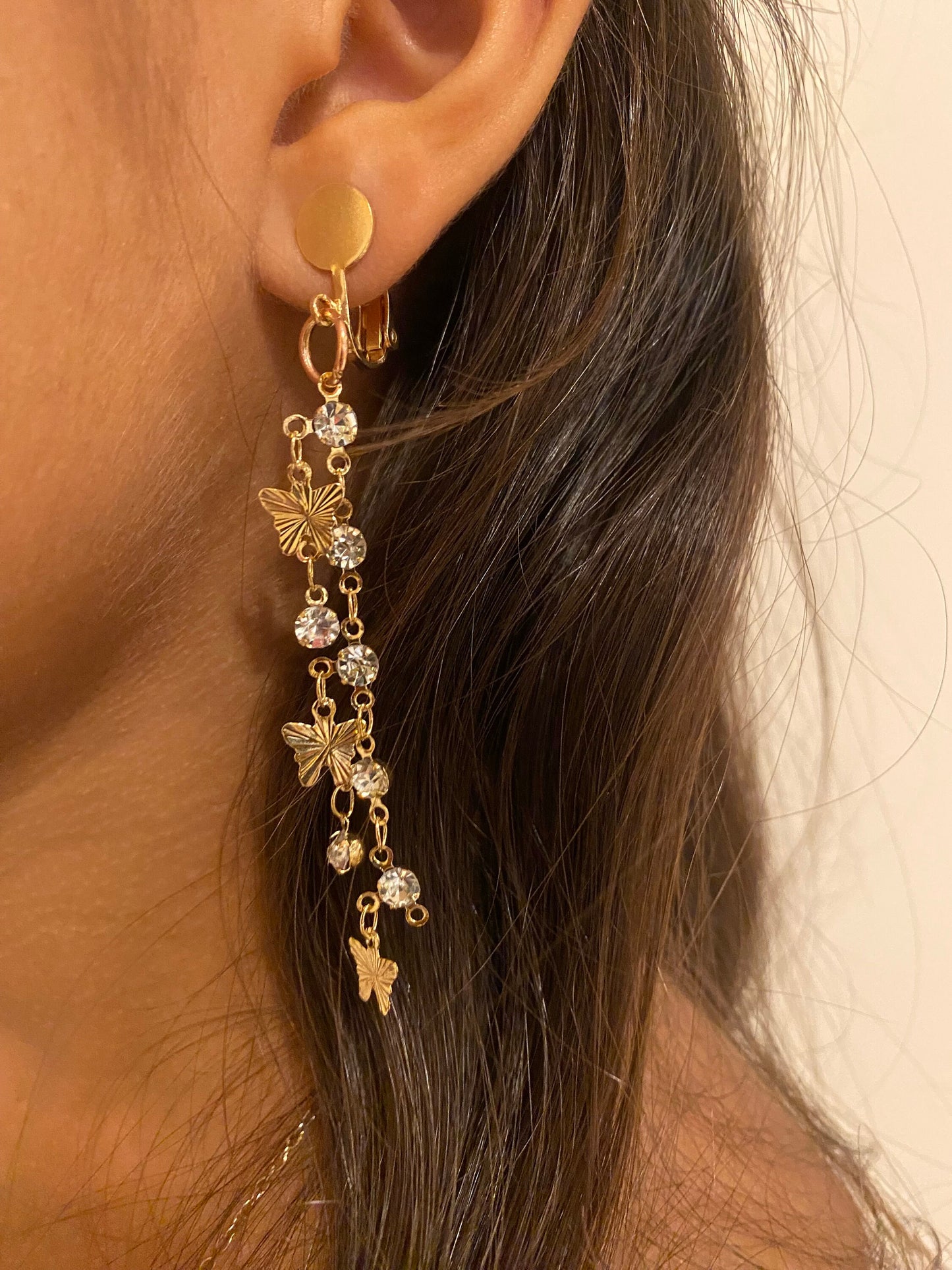 Butterfly Rhinestone Clip-on Earrings, Silver or Gold, 7cm Drop