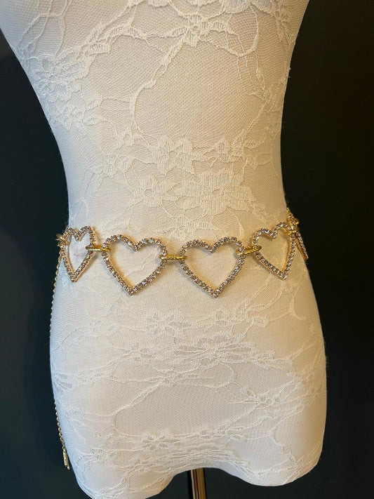 X-long Belt, Rhinestone heart belt, Diamanté Belt, Fashion, Hearts, Gold Hearts, Bridal, UK Size 2-34, 2” Hearts