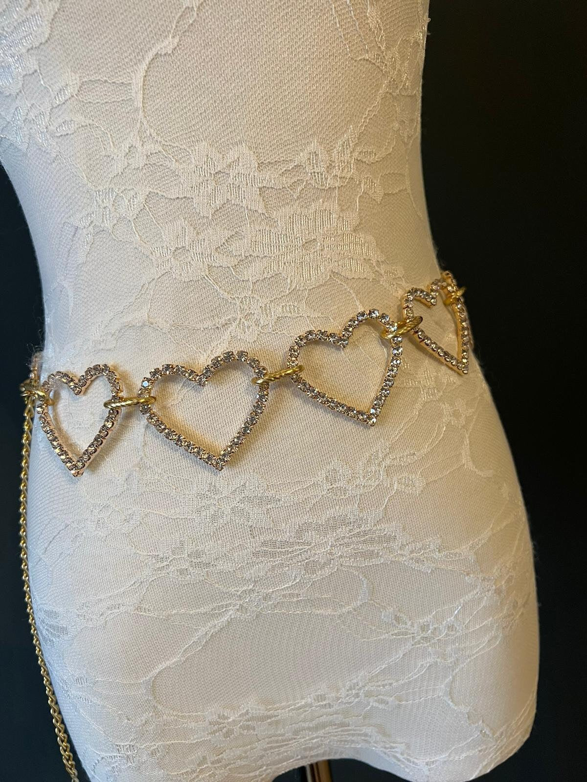 X-long Belt, Rhinestone heart belt, Diamanté Belt, Fashion, Hearts, Gold Hearts, Bridal, Teen Sizes, 18”-60”, 2” Hearts, Elegant Belt, Gift