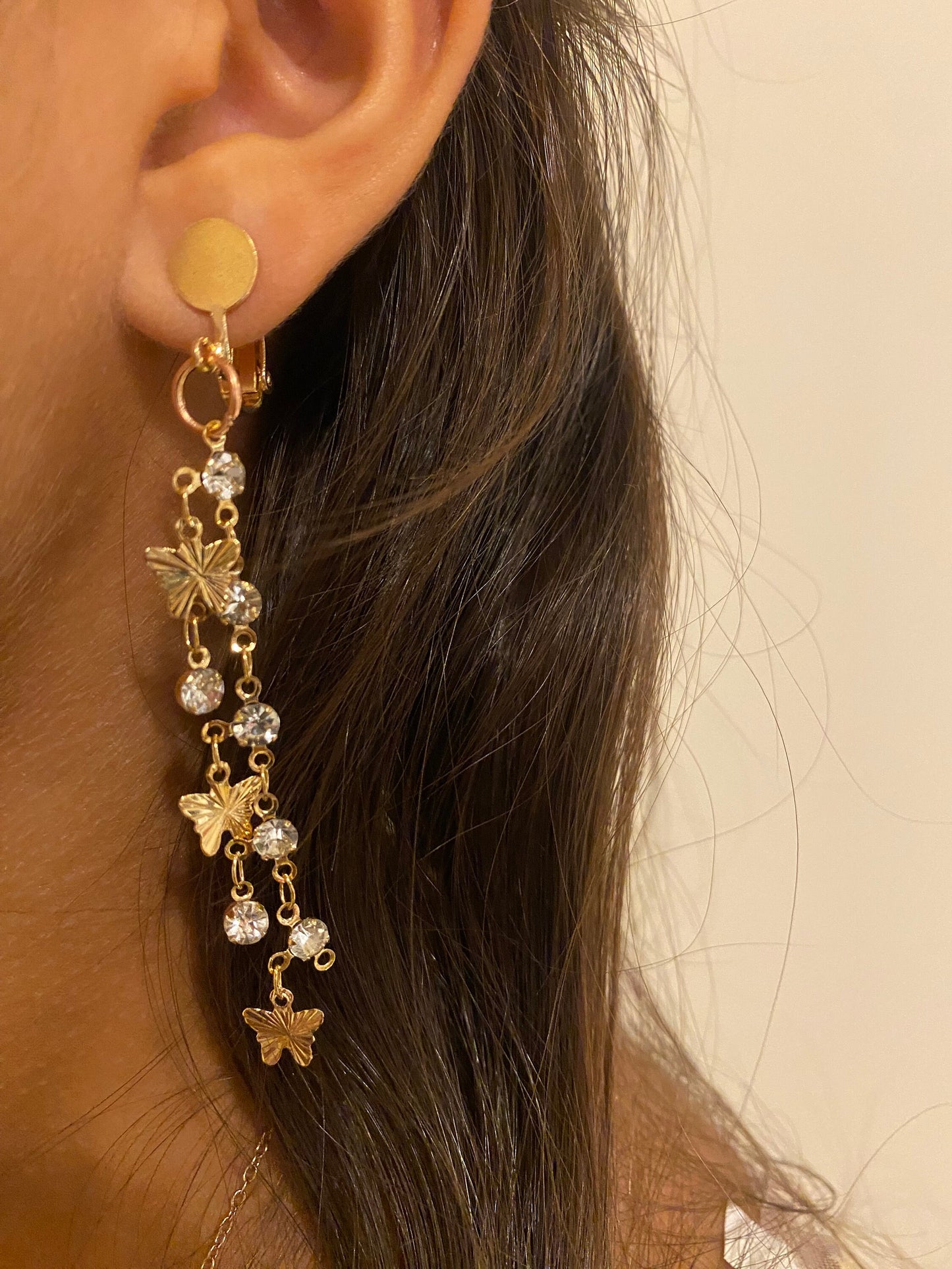 Butterfly Rhinestone Clip-on Earrings, Silver or Gold, 7cm Drop