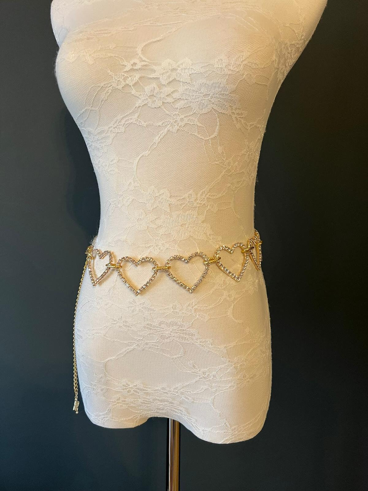 X-long Belt, Rhinestone heart belt, Diamanté Belt, Fashion, Hearts, Gold Hearts, Bridal, Teen Sizes, 18”-60”, 2” Hearts, Elegant Belt, Gift