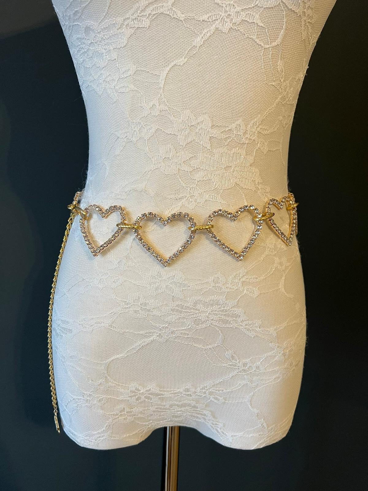 X-long Belt, Rhinestone heart belt, Diamanté Belt, Fashion, Hearts, Gold Hearts, Bridal, Teen Sizes, 18”-60”, 2” Hearts, Elegant Belt, Gift