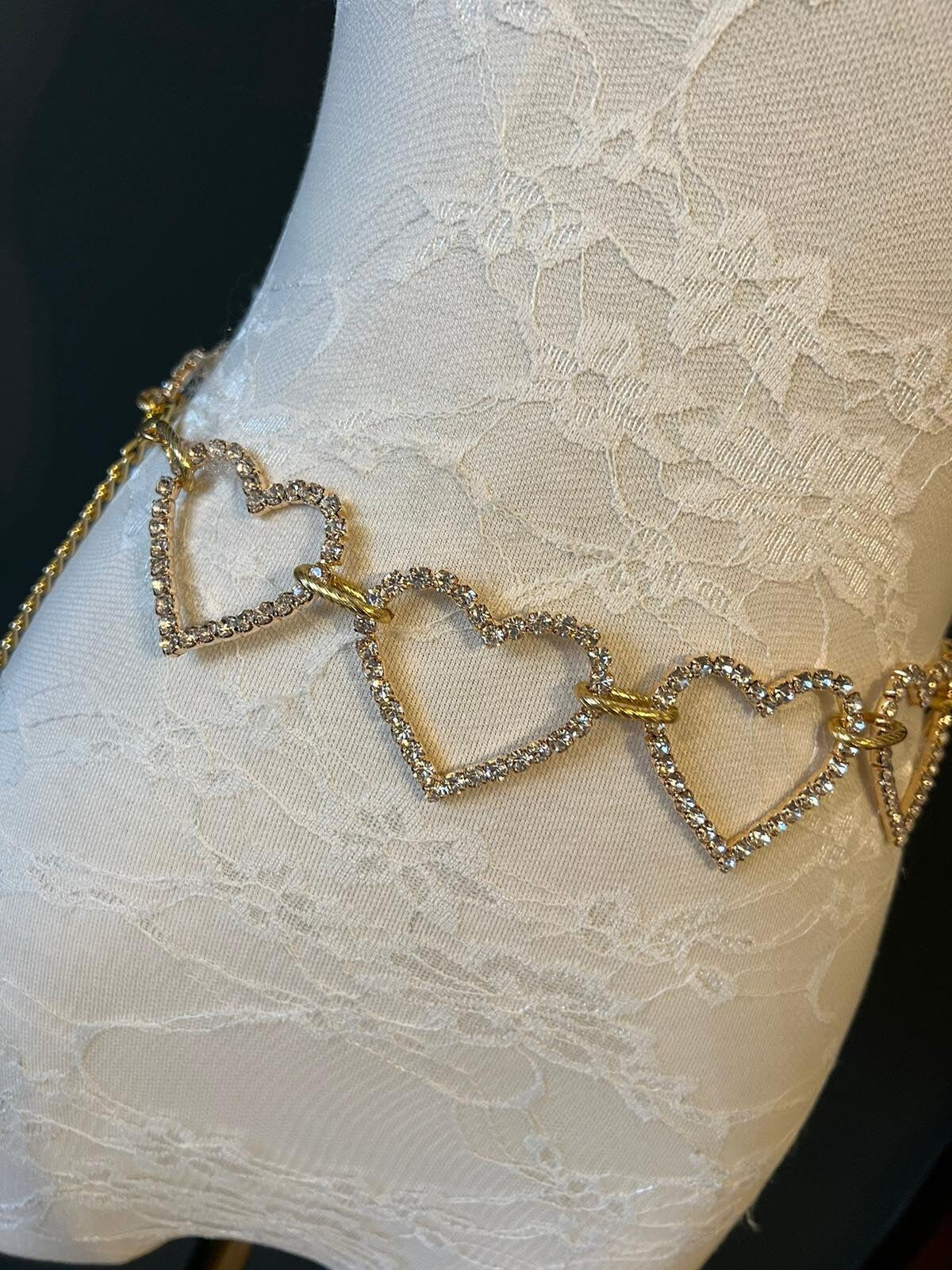 X-long Belt, Rhinestone heart belt, Diamanté Belt, Fashion, Hearts, Gold Hearts, Bridal, Teen Sizes, 18”-60”, 2” Hearts, Elegant Belt, Gift