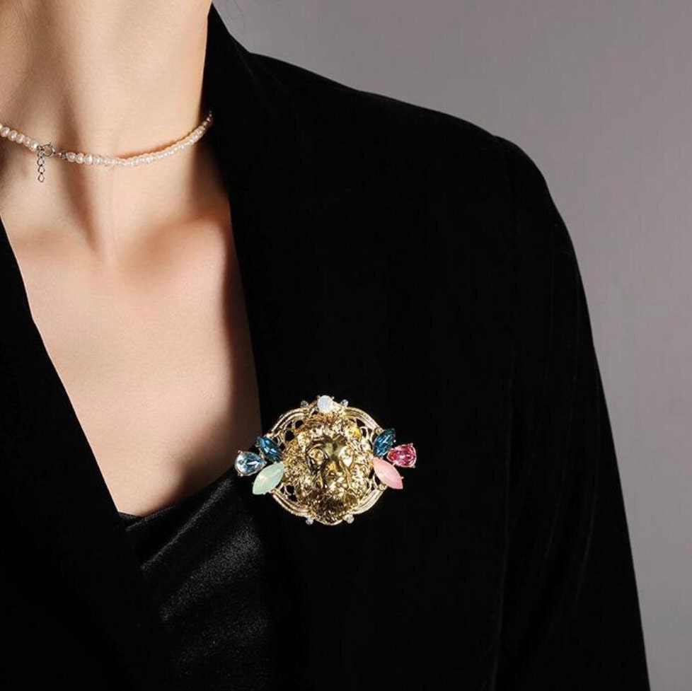 Lion Head Brooch, Large Lion Head Jewel Brooch, High Quality Brooch