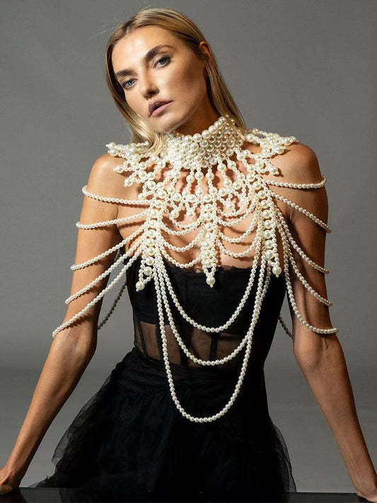 Pearl Body Chain Bra - Fashion Shoulder Necklaces Bra - Chain Body Jewellery, Statement Pearl Necklace