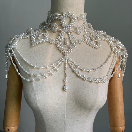 Bridal Pearl Shoulder Necklace, Vintage Wedding Shoulder Jewellery, Pearl Body Jewellery, Statement Neckpiece