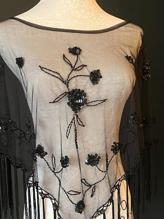 Poncho Black Beaded, Sequinned & Fringed, special occasion shrug/Shawl Sequin Ponchos dress cover up, Cape party, Stunning Scarf/Stole