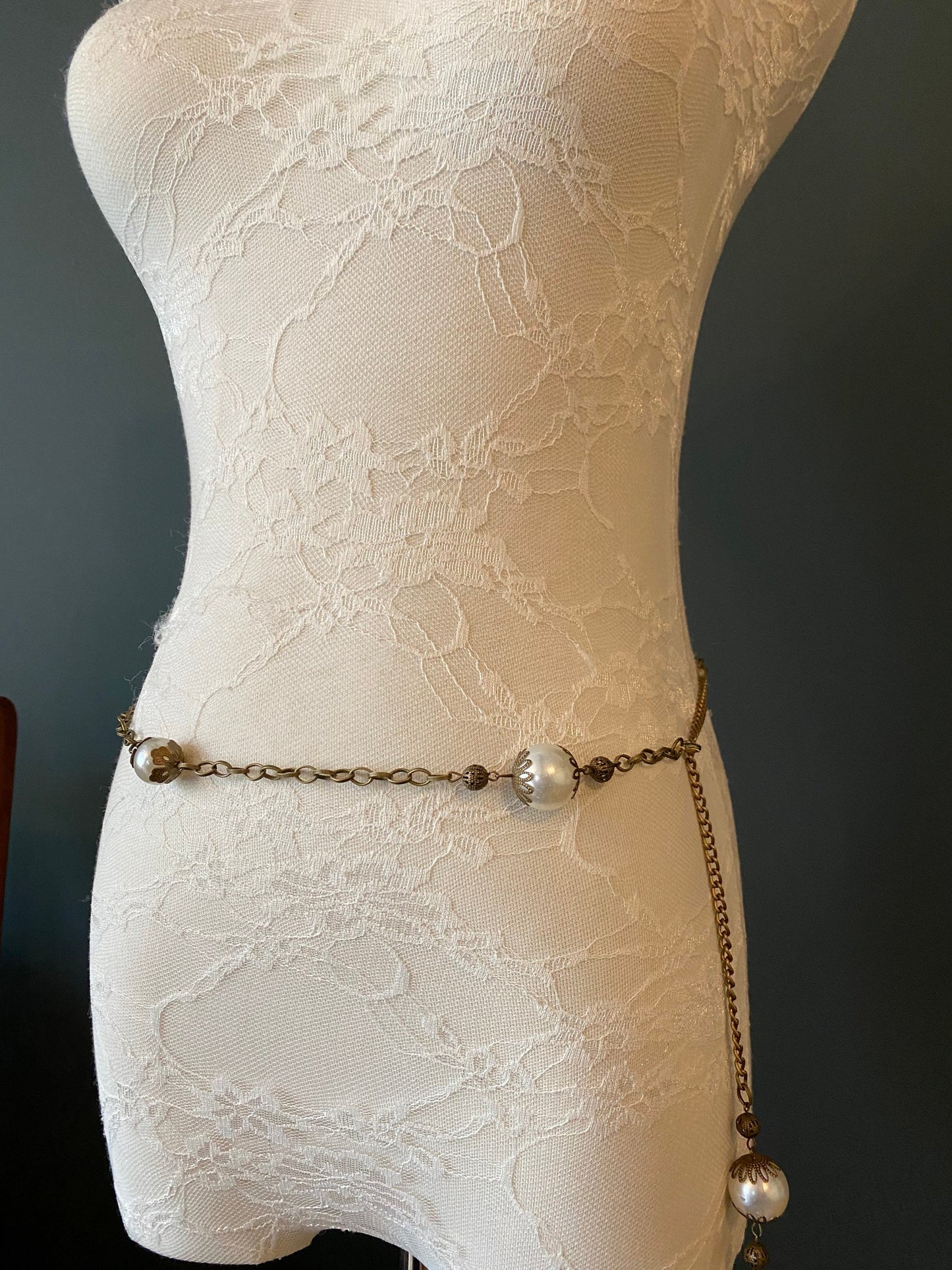 X-long Belt, Pearl bead belt, Vintage style belt, Antique brass chain, Teen Sizes, 18”-70”, Plus Sizes, Prom Belt, Swimwear, Dress Belt