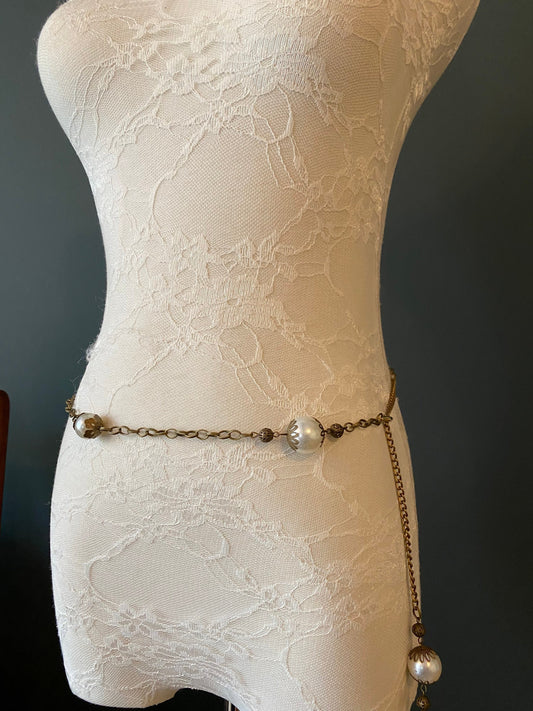 X-long Belt, Pearl bead belt, Vintage style belt, Antique brass chain, UK size 2-36