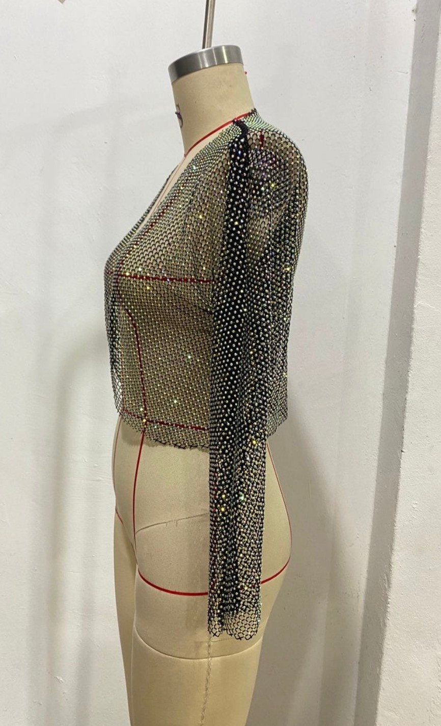 Fishnet Diamanté Top, Rhinestone Top, See Through Top, Fan Fashion Exclusives Range, UK Sizes 6-12