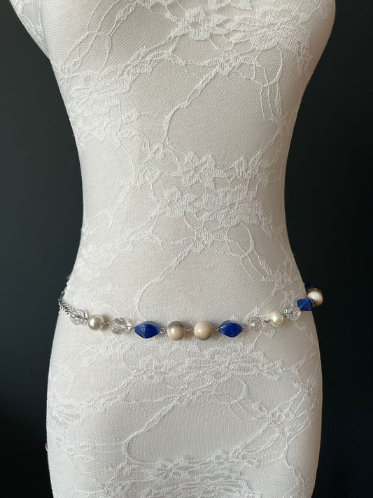 X-Long Belt, Beaded Belt, Royal, Cream, Pearl, Clear Beads, Chain Belt, Fashion Belt, Fashion Accessory