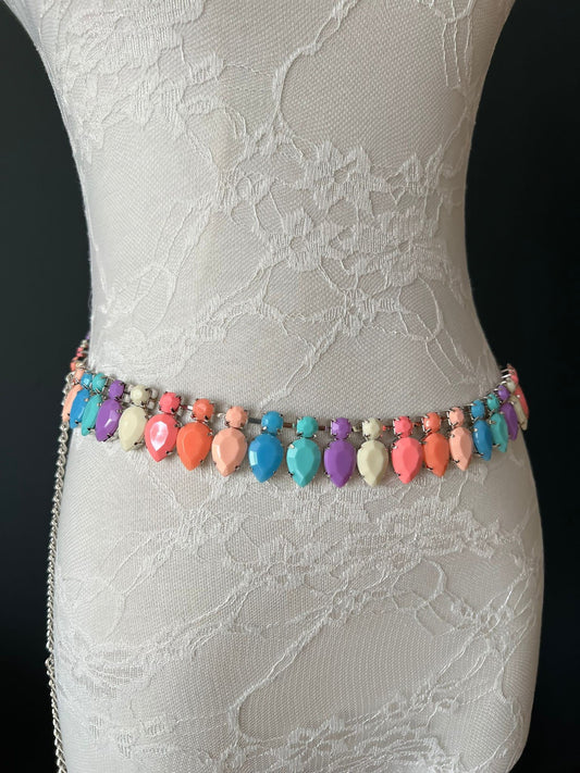 Colorful Jewel Chain Belt, Silver Finish, Plus Size