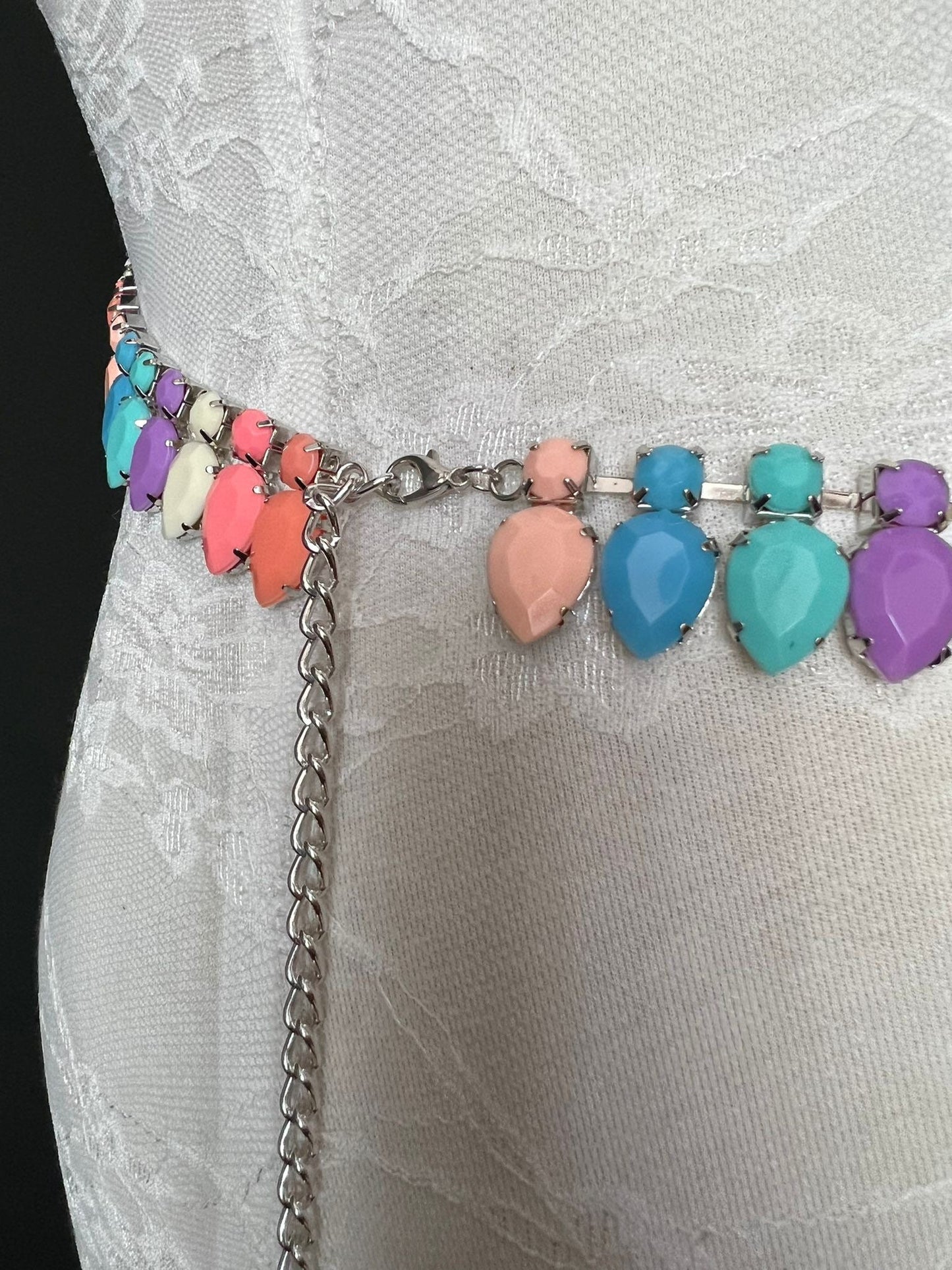 Colorful Jewel Chain Belt, Silver Finish, Plus Size