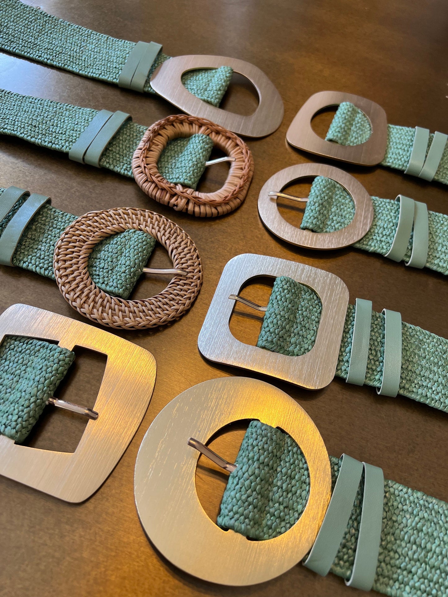 Sage Green Boho Raffia Elasticated Belts, Fashionable Vintage Belts, Natural Raffia Belts, UK 6-20 Eco Friendly Belts 8 Buckles 15 Colours