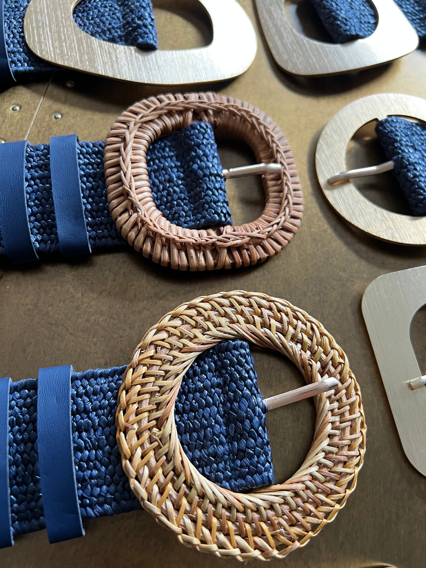 Navy Boho Raffia Elasticated Belts, Fashionable Vintage Belts, Natural Raffia Belts, UK 6-20 Eco Friendly Belts. 8 Buckles 15 Colours