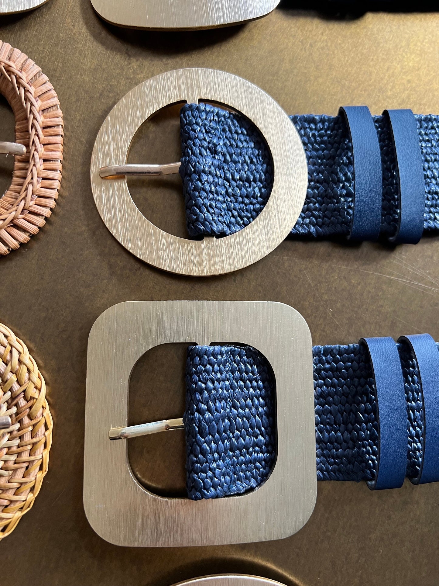 Navy Boho Raffia Elasticated Belts, Fashionable Vintage Belts, Natural Raffia Belts, UK 6-20 Eco Friendly Belts. 8 Buckles 15 Colours