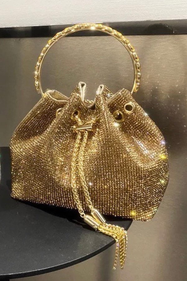 Rhinestone Handbag, Jewel Bucket Bag, Handmade Rhinestone Diamanté Handbag, Silver, Gold, Crystal Mesh Bag with Crystal Handle, Satin Lining
