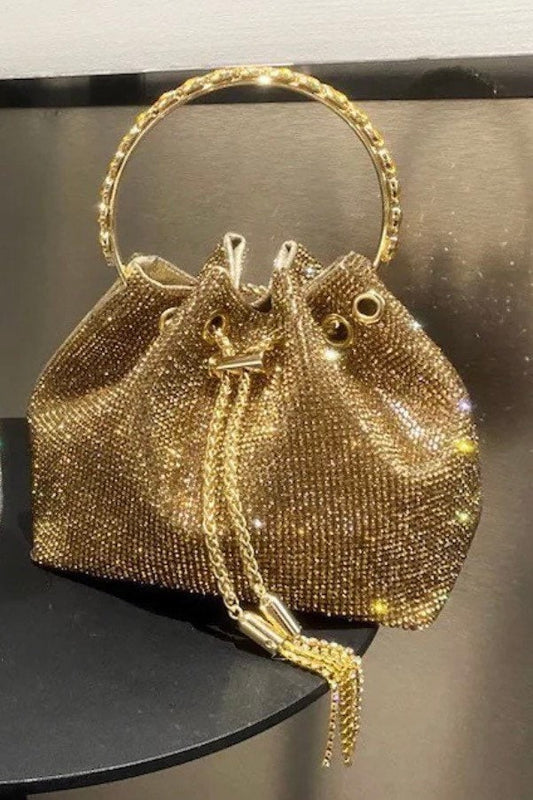 Rhinestone Handbag, Jewel Bucket Bag, Handmade Rhinestone Diamanté Handbag, Silver, Gold, Crystal Mesh Bag with Crystal Handle, Satin Lining