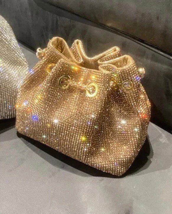 Rhinestone Handbag, Jewel Bucket Bag, Handmade Rhinestone Diamanté Handbag, Silver, Gold, Crystal Mesh Bag with Crystal Handle, Satin Lining