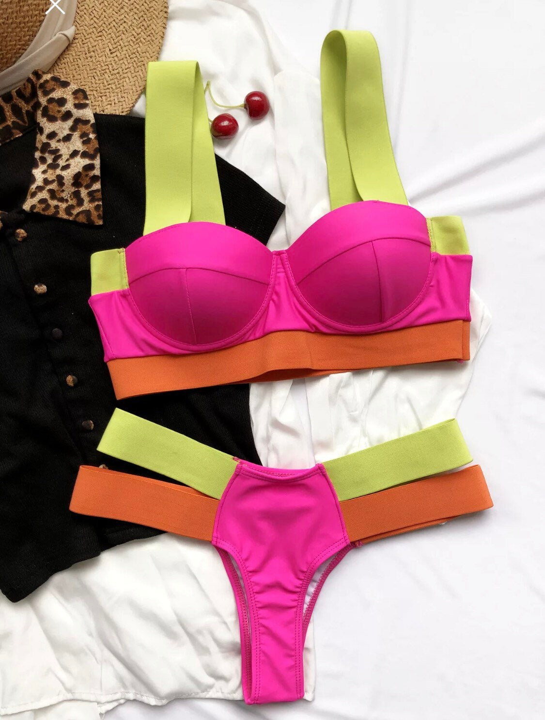 Swimwear, Bikini, Fashion Swimwear, Neon Swimwear, S, M, L, XL, 32, 34, 36, 38, Beach Wear Colour Block Cut Out, 2 piece Bikini Set,Handmade