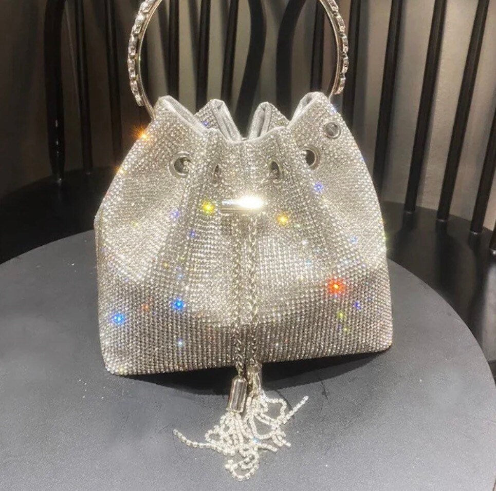 Rhinestone Handbag, Jewel Bucket Bag, Handmade Rhinestone Diamanté Handbag, Silver, Gold, Crystal Mesh Bag with Crystal Handle, Satin Lining