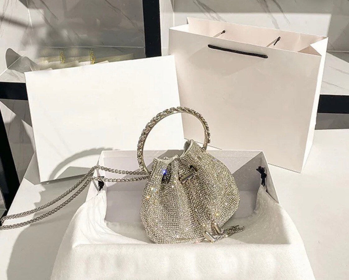 Rhinestone Handbag, Jewel Bucket Bag, Handmade Rhinestone Diamanté Handbag, Silver, Gold, Crystal Mesh Bag with Crystal Handle, Satin Lining