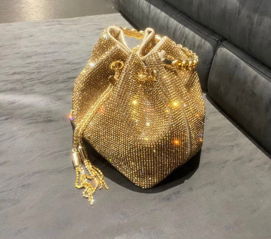Rhinestone Handbag, Jewel Bucket Bag, Handmade Rhinestone Diamanté Handbag, Silver, Gold, Crystal Mesh Bag with Crystal Handle, Satin Lining