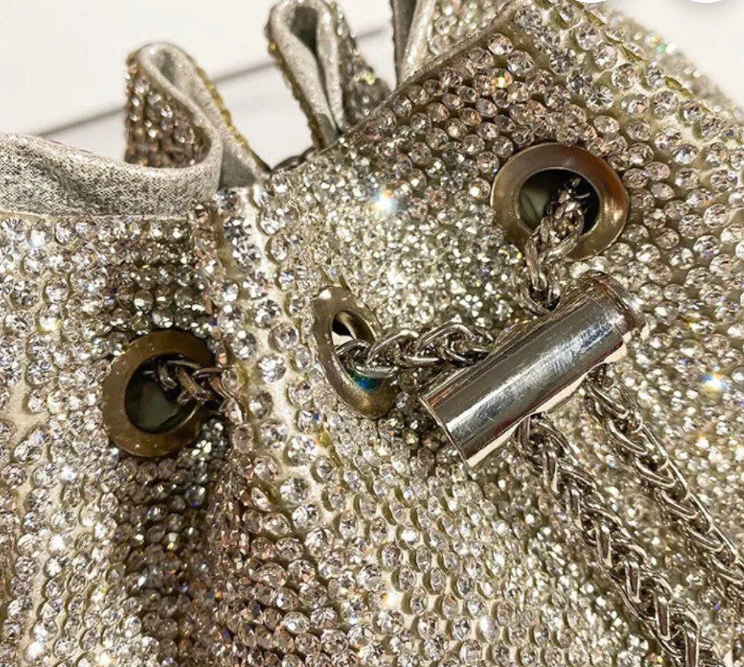 Rhinestone Handbag, Jewel Bucket Bag, Handmade Rhinestone Diamanté Handbag, Silver, Gold, Crystal Mesh Bag with Crystal Handle, Satin Lining