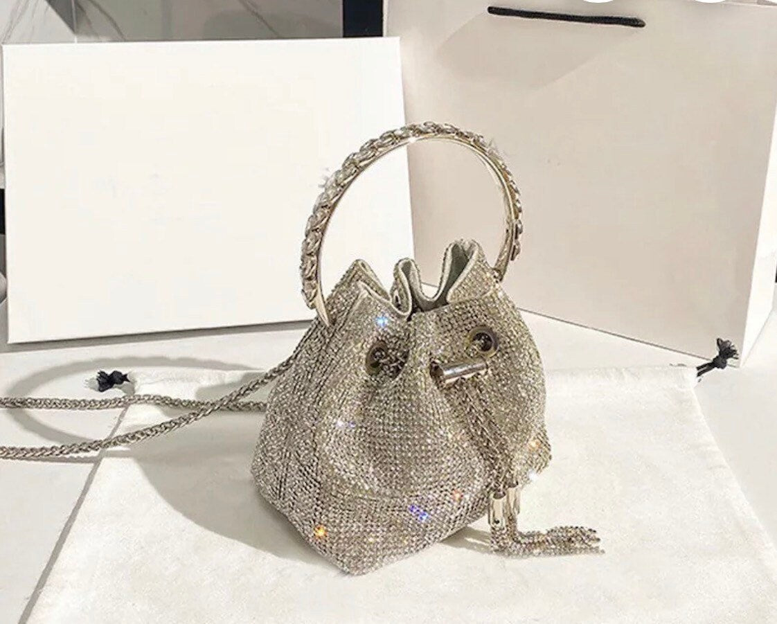 Rhinestone Handbag, Jewel Bucket Bag, Handmade Rhinestone Diamanté Handbag, Silver, Gold, Crystal Mesh Bag with Crystal Handle, Satin Lining