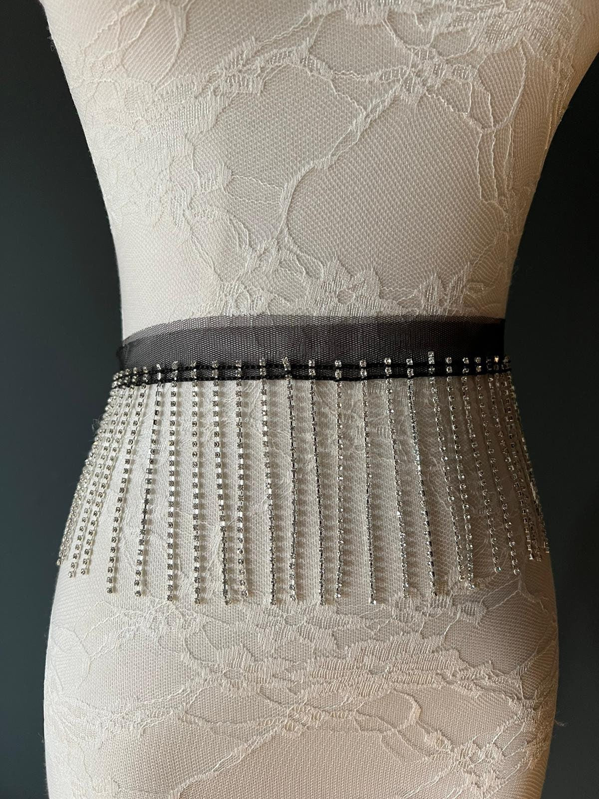 Silver Rhinestone Fringe Trim, Diamanté Crystal Embellishment, 9cm Length, Black Mesh