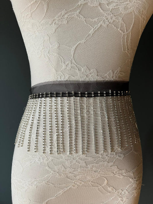 Silver Rhinestone Fringe Trim, Diamanté Crystal Embellishment, 9cm Length, Black Mesh