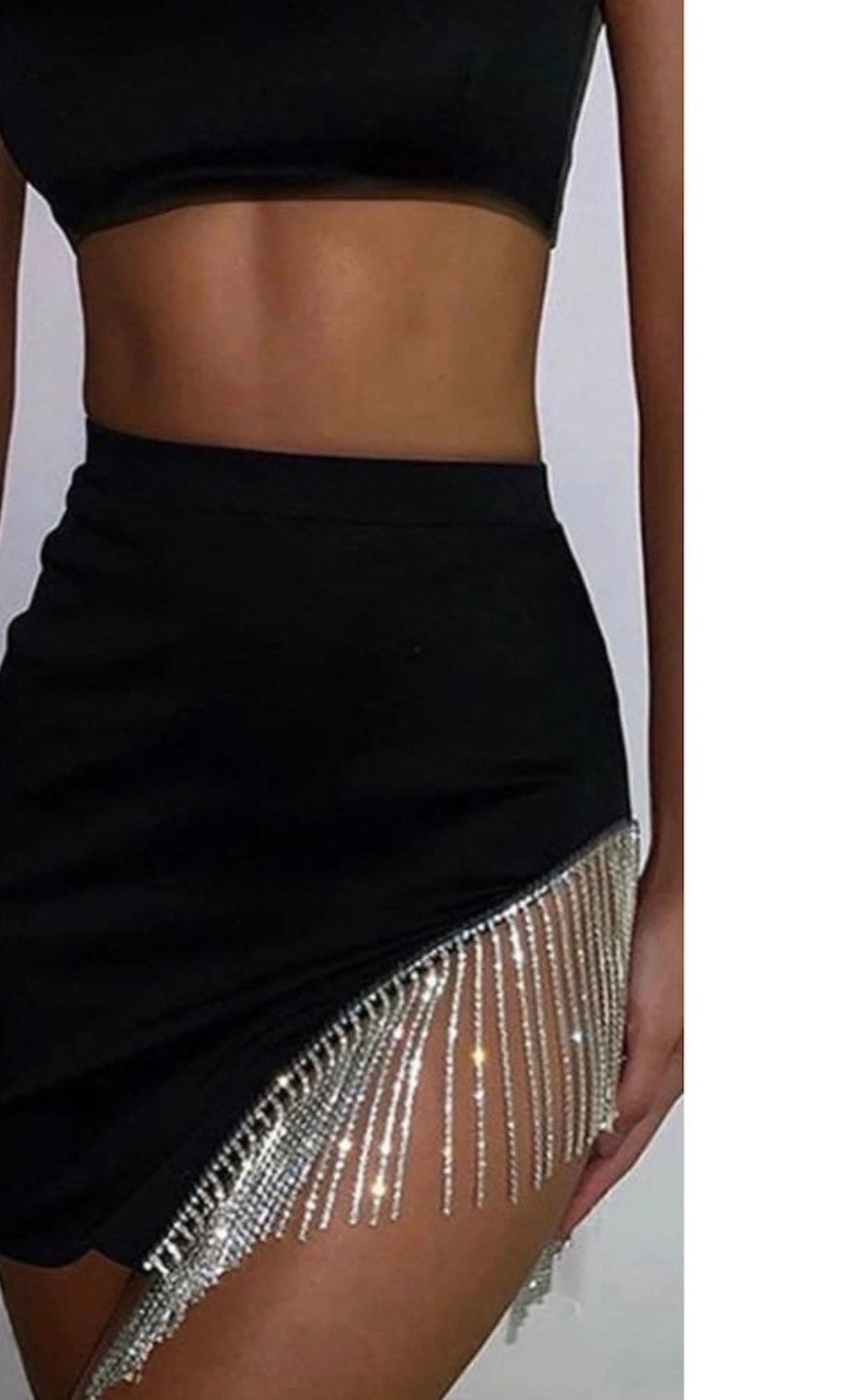 Silver Rhinestone Fringe Trim, Diamanté Crystal Embellishment, 9cm Length, Black Mesh