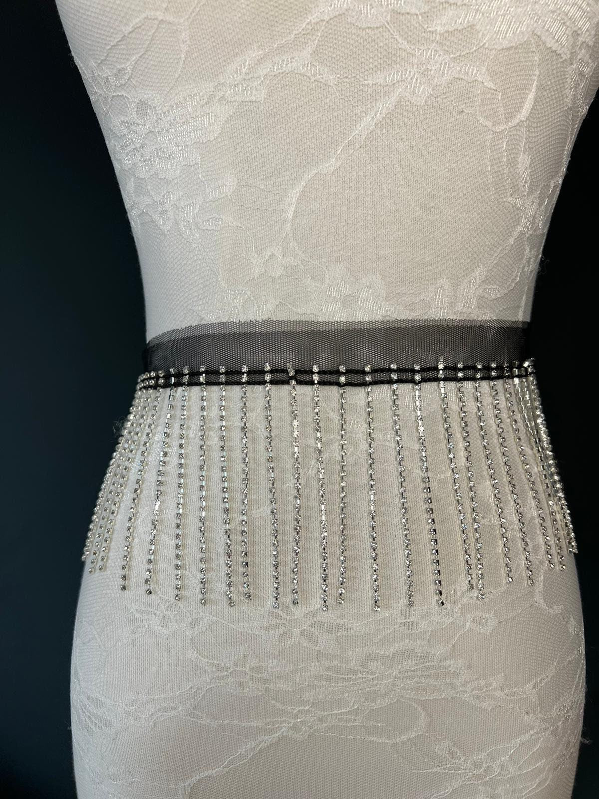 Silver Rhinestone Fringe Trim, Diamanté Crystal Embellishment, 9cm Length, Black Mesh