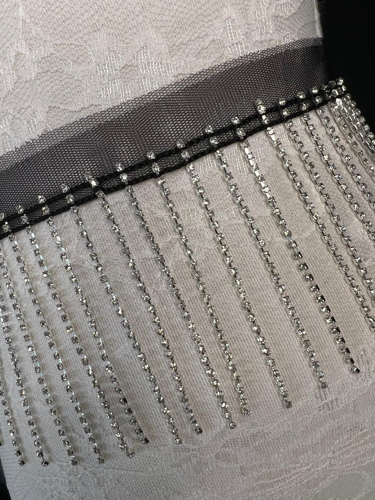 Silver Rhinestone Fringe Trim, Diamanté Crystal Embellishment, 9cm Length, Black Mesh