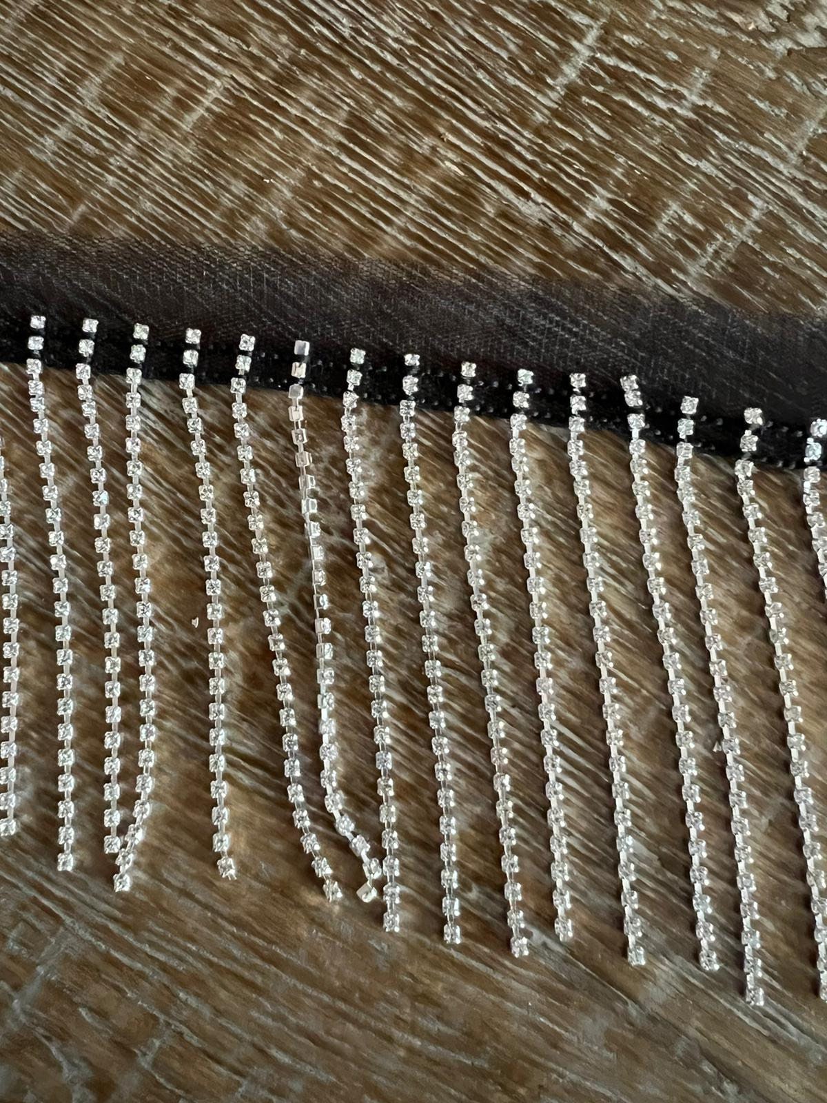 Silver Rhinestone Fringe Trim, Diamanté Crystal Embellishment, 9cm Length, Black Mesh