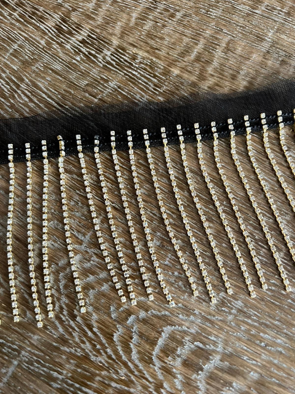 Silver Rhinestone Fringe Trim, Diamanté Crystal Embellishment, 9cm Length, Black Mesh
