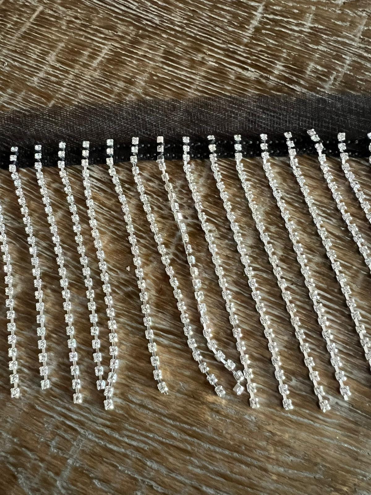 Silver Rhinestone Fringe Trim, Diamanté Crystal Embellishment, 9cm Length, Black Mesh