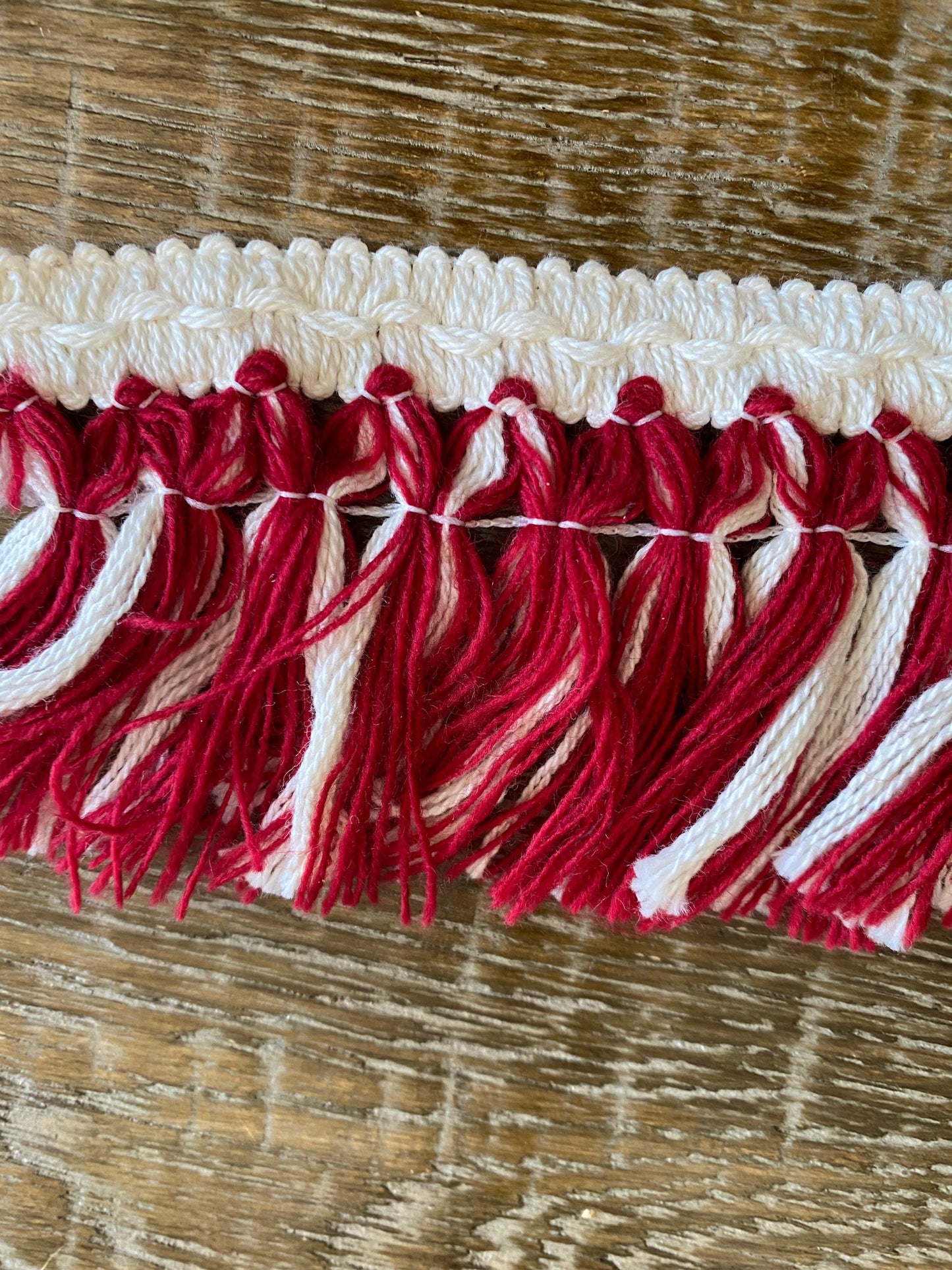 Red and Ivory Knitted Fringe Tassel Trim, 2.5" Wide