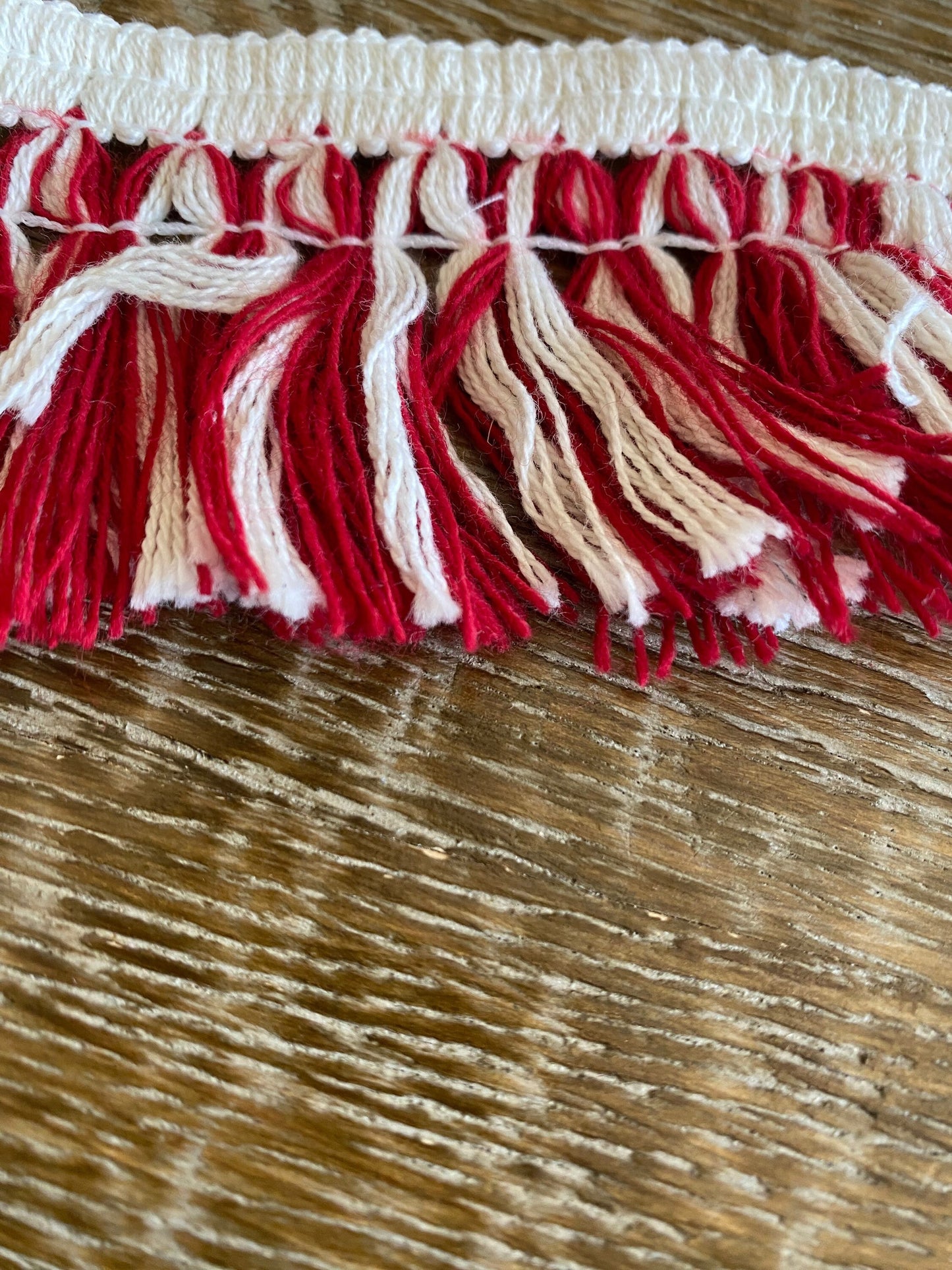 Red and Ivory Knitted Fringe Tassel Trim, 2.5" Wide