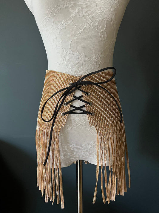Diamanté Skirt, Gold Rhinestone Skirt, Gold Tie Up Skirt, Fringed Diamanté Skirt, Handmade, Fan Fashion Collection, Haute Couture