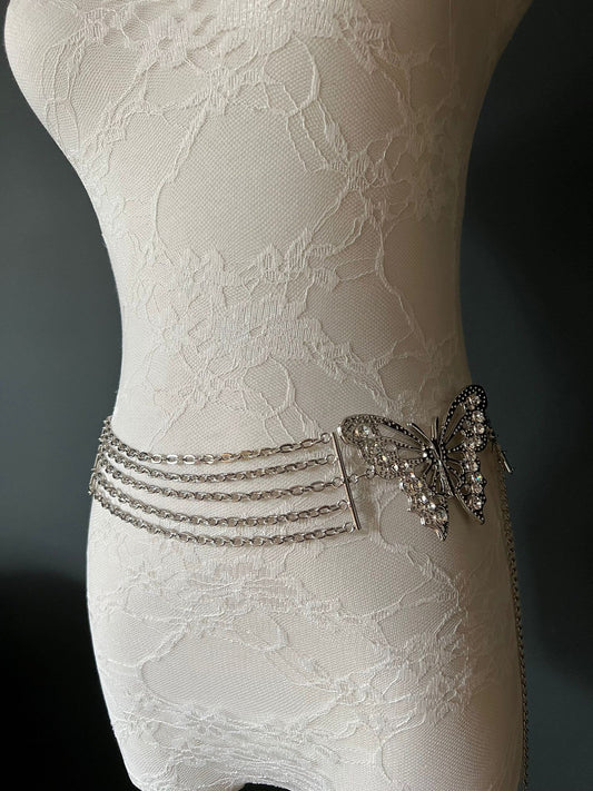 Belt, Butterfly Chain Belt, Rhinestone Butterfly Belt, Fashion Belt, Silver Belt, UK Size 8-16