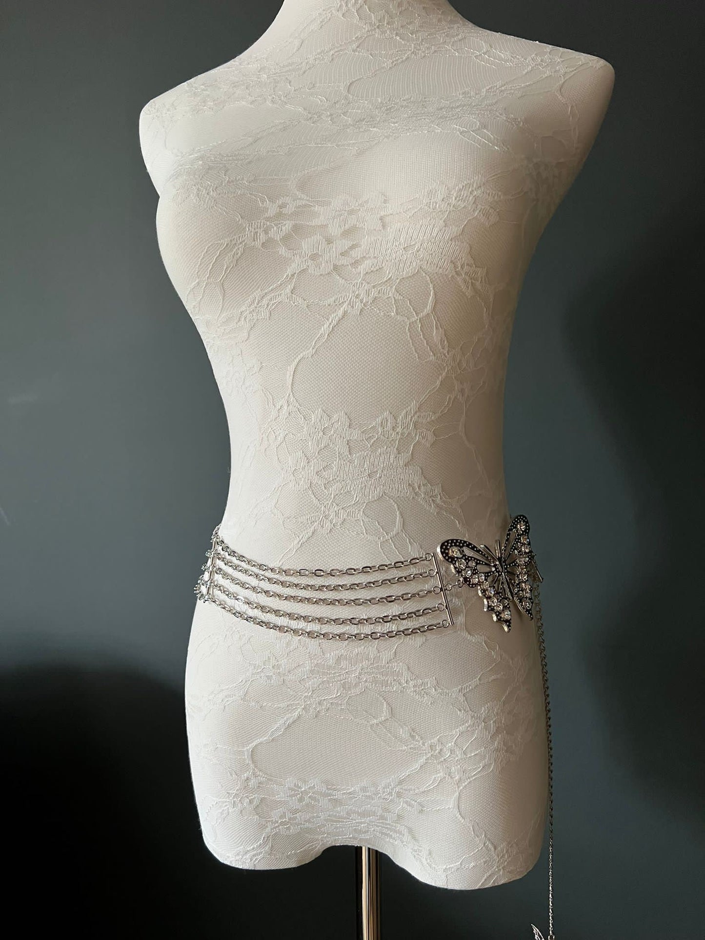 Rhinestone Butterfly Chain Belt, Silver Fashion Belt, UK Size 8-16