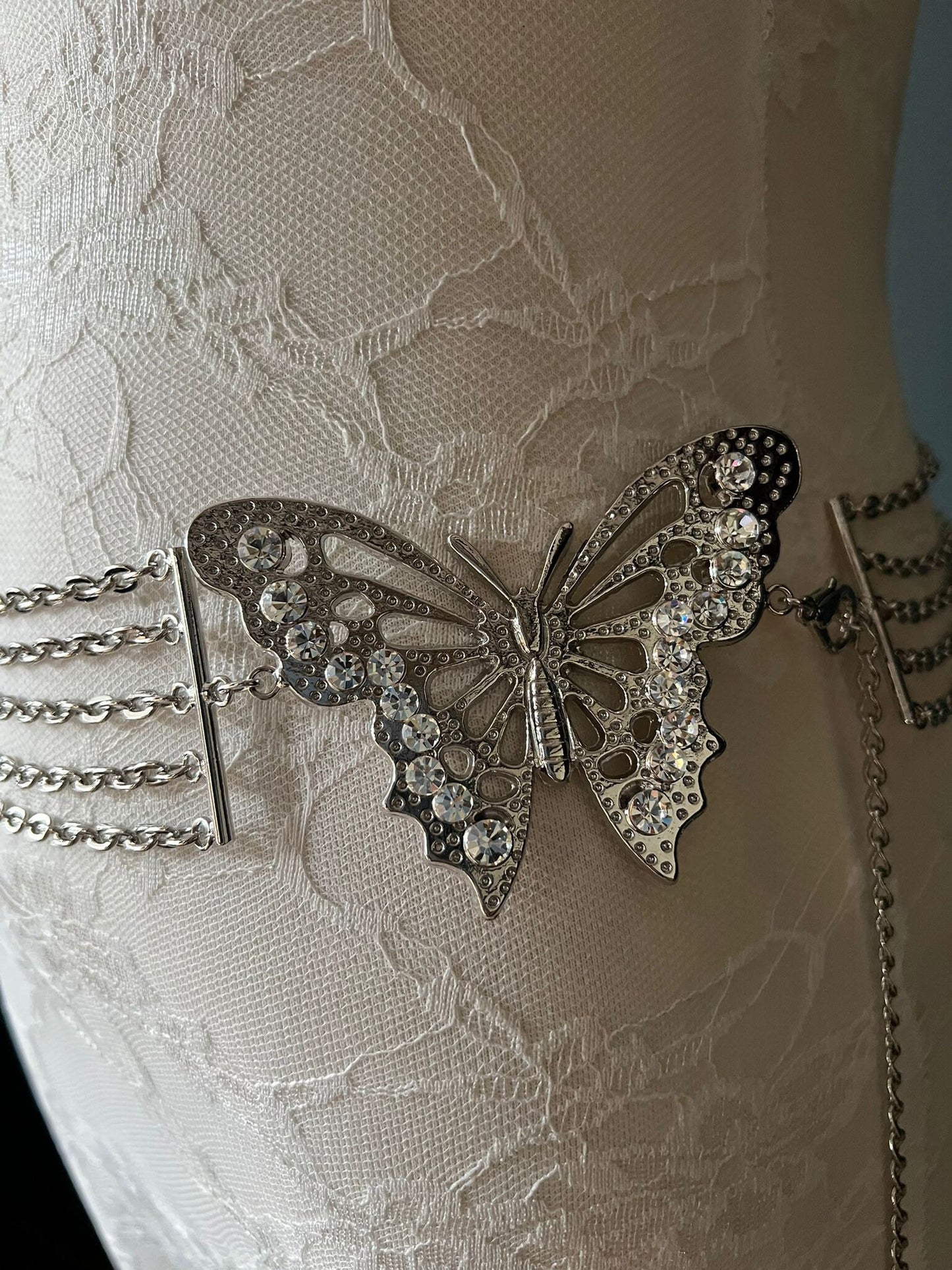 Rhinestone Butterfly Chain Belt, Silver Fashion Belt, UK Size 8-16