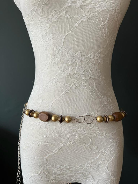 X-Long, Boho Beaded Belt, Brown Wood Beads, Matt Gold Beads, Ring Belt, Fashion Belt, Vintage Belt, Plus Sizes, Body chain, UK 4-32